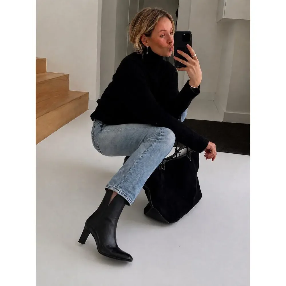 Stuart Weitzman Black Leather Ankle Boots Almond Toe Heeled Minimalist Booties